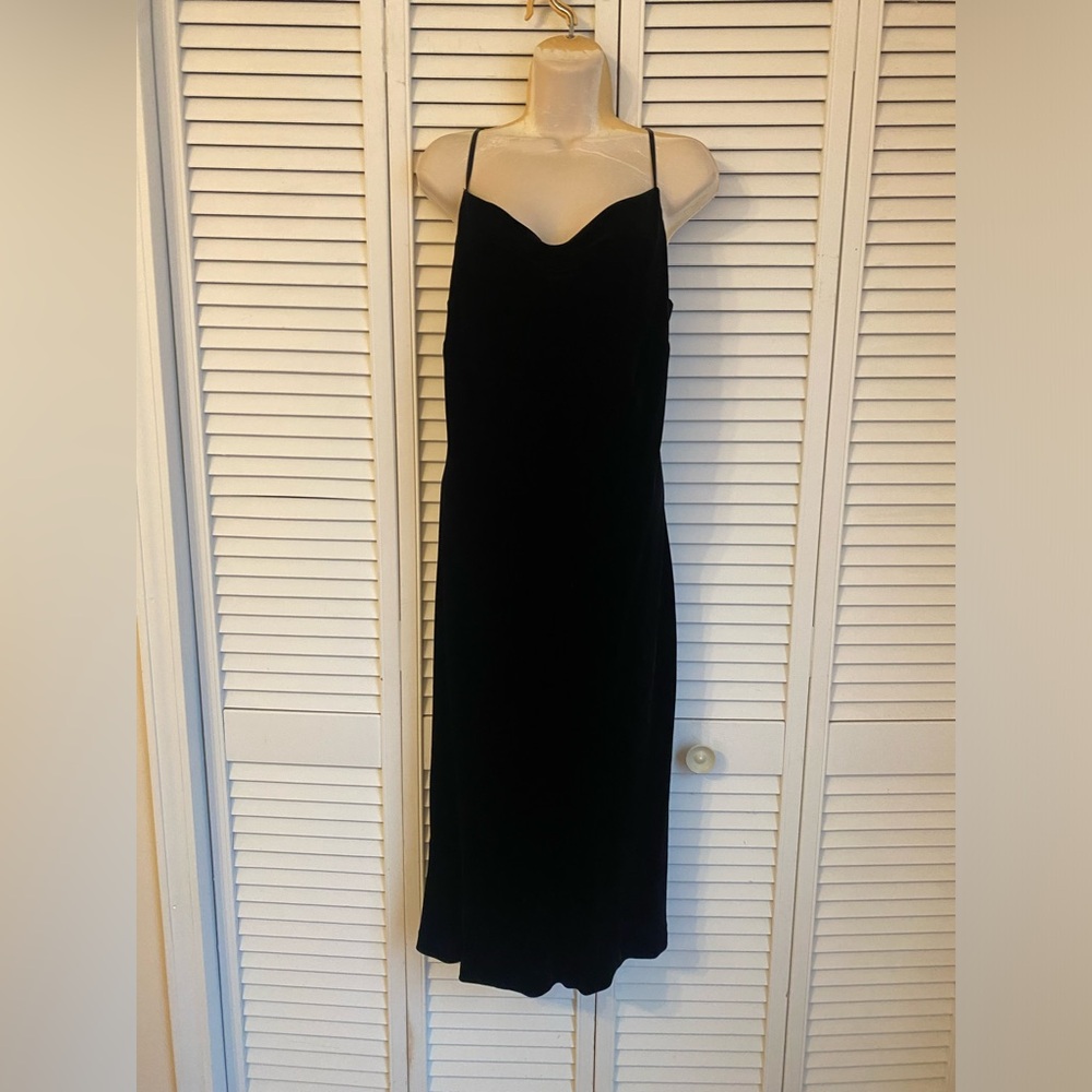 Vintage Banana Republic Velvet Midi Dress Size 10 Black Cowl Neck Silk Blend Y2K
